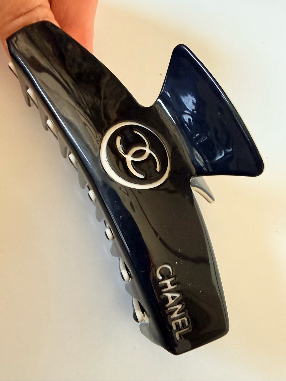 CHANEL Black Logo Hair Clip with Silver CC Emblem